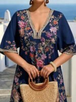 Elorivane Plus Size Women Summer Short Sleeve Floral Print Dress, Patchwork Lace Trim, Resort Wear Casual Holiday Embroidered Beach Vacation Black - Image 22