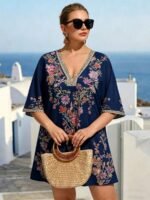 Elorivane Plus Size Women Summer Short Sleeve Floral Print Dress, Patchwork Lace Trim, Resort Wear Casual Holiday Embroidered Beach Vacation Black - Image 23