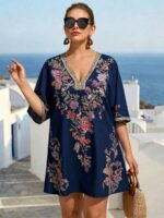 Elorivane Plus Size Women Summer Short Sleeve Floral Print Dress, Patchwork Lace Trim, Resort Wear Casual Holiday Embroidered Beach Vacation Black - Image 24