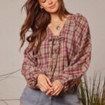 Elorivane Women Plaid V Neck Western Top, Lace Up Bowknot Long Puff Sleeve Cowgirl Fall Winter Rodeo Shirt