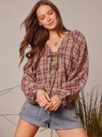 Elorivane Women Plaid V Neck Western Top, Lace Up Bowknot Long Puff Sleeve Cowgirl Fall Winter Rodeo Shirt