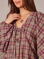 Elorivane Women Plaid V Neck Western Top, Lace Up Bowknot Long Puff Sleeve Cowgirl Fall Winter Rodeo Shirt - Image 2