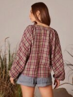 Elorivane Women Plaid V Neck Western Top, Lace Up Bowknot Long Puff Sleeve Cowgirl Fall Winter Rodeo Shirt - Image 3