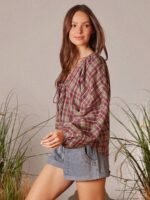 Elorivane Women Plaid V Neck Western Top, Lace Up Bowknot Long Puff Sleeve Cowgirl Fall Winter Rodeo Shirt - Image 4