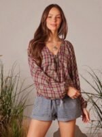 Elorivane Women Plaid V Neck Western Top, Lace Up Bowknot Long Puff Sleeve Cowgirl Fall Winter Rodeo Shirt - Image 5