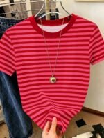 Elorivane Women's Pink-Brown Striped Y2K Tee, Casual Summer - Image 54