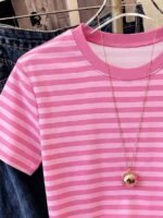 Elorivane Women's Pink-Brown Striped Y2K Tee, Casual Summer - Image 39