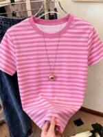Elorivane Women's Pink-Brown Striped Y2K Tee, Casual Summer - Image 33