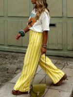 Elorivane Women Blue & White Striped Woven Wide Leg Beach Pants, Casual Spring Summer Trousers - Image 14
