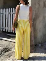 Elorivane Women Blue & White Striped Woven Wide Leg Beach Pants, Casual Spring Summer Trousers - Image 15
