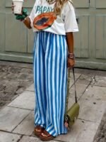 Elorivane Women Blue & White Striped Woven Wide Leg Beach Pants, Casual Spring Summer Trousers
