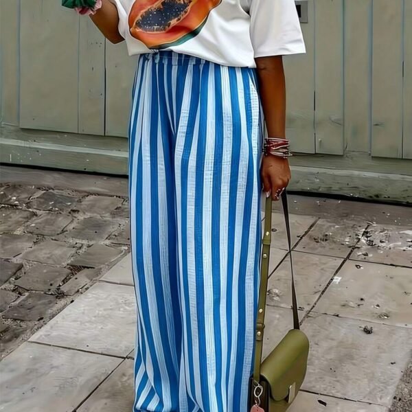 Elorivane Women Blue & White Striped Woven Wide Leg Beach Pants, Casual Spring Summer Trousers