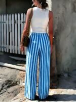 Elorivane Women Blue & White Striped Woven Wide Leg Beach Pants, Casual Spring Summer Trousers - Image 4