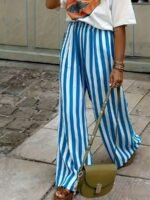 Elorivane Women Blue & White Striped Woven Wide Leg Beach Pants, Casual Spring Summer Trousers - Image 2