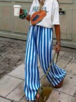 Elorivane Women Blue & White Striped Woven Wide Leg Beach Pants, Casual Spring Summer Trousers - Image 3
