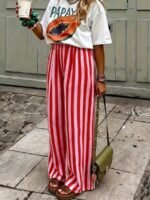 Elorivane Women Blue & White Striped Woven Wide Leg Beach Pants, Casual Spring Summer Trousers - Image 28
