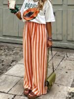 Elorivane Women Blue & White Striped Woven Wide Leg Beach Pants, Casual Spring Summer Trousers - Image 36