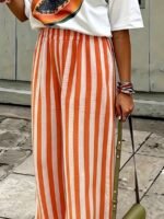 Elorivane Women Blue & White Striped Woven Wide Leg Beach Pants, Casual Spring Summer Trousers - Image 38