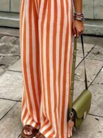 Elorivane Women Blue & White Striped Woven Wide Leg Beach Pants, Casual Spring Summer Trousers - Image 39