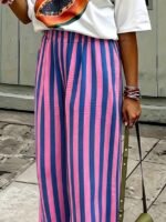 Elorivane Women Blue & White Striped Woven Wide Leg Beach Pants, Casual Spring Summer Trousers - Image 26