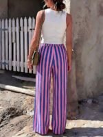 Elorivane Women Blue & White Striped Woven Wide Leg Beach Pants, Casual Spring Summer Trousers - Image 25