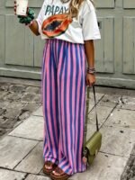 Elorivane Women Blue & White Striped Woven Wide Leg Beach Pants, Casual Spring Summer Trousers - Image 24