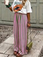 Elorivane Women Blue & White Striped Woven Wide Leg Beach Pants, Casual Spring Summer Trousers - Image 40