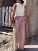 Elorivane Women Blue & White Striped Woven Wide Leg Beach Pants, Casual Spring Summer Trousers - Image 41