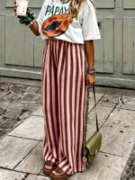 Elorivane Women Blue & White Striped Woven Wide Leg Beach Pants, Casual Spring Summer Trousers - Image 32