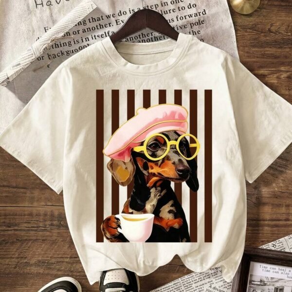 Elorivane Women's Striped Dachshund Tee, Casual Summer For Dog Lovers