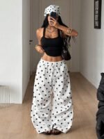 Elorivane Women Brown Polka Dot Parachute Pants, Wide Leg Athleisure Casual Trousers - Image 17