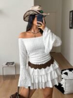 Elorivane Women Plus Size White Lace Mini Dress, Off Shoulder Long Sleeve Ruffle Boho Fairycore Fall Winter Dress - Image 3