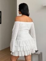 Elorivane Women Plus Size White Lace Mini Dress, Off Shoulder Long Sleeve Ruffle Boho Fairycore Fall Winter Dress - Image 4