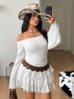 Elorivane Women Plus Size White Lace Mini Dress, Off Shoulder Long Sleeve Ruffle Boho Fairycore Fall Winter Dress - Image 6