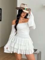 Elorivane Women Plus Size White Lace Mini Dress, Off Shoulder Long Sleeve Ruffle Boho Fairycore Fall Winter Dress - Image 7