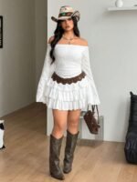 Elorivane Women Plus Size White Lace Mini Dress, Off Shoulder Long Sleeve Ruffle Boho Fairycore Fall Winter Dress - Image 8