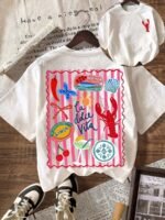 Elorivane Women's Striped Lobster Graphic Tee, Round Neck Casual Summer Vacation - Image 28