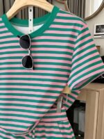 Elorivane Women's Striped Contrast 2-Piece Co-Ord, Short Sleeve Tee & Shorts, Elegant Casual Summer Vacation Set - Image 2