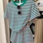 Elorivane Women's Striped Contrast 2-Piece Co-Ord, Short Sleeve Tee & Shorts, Elegant Casual Summer Vacation Set