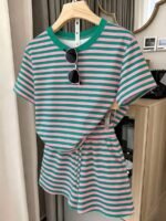 Elorivane Women's Striped Contrast 2-Piece Co-Ord, Short Sleeve Tee & Shorts, Elegant Casual Summer Vacation Set
