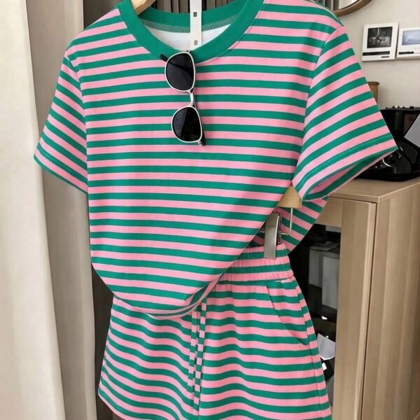 Elorivane Women's Striped Contrast 2-Piece Co-Ord, Short Sleeve Tee & Shorts, Elegant Casual Summer Vacation Set