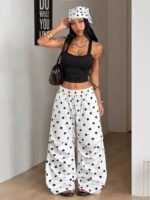 Elorivane Women Brown Polka Dot Parachute Pants, Wide Leg Athleisure Casual Trousers - Image 14