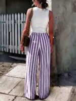 Elorivane Women Blue & White Striped Woven Wide Leg Beach Pants, Casual Spring Summer Trousers - Image 45