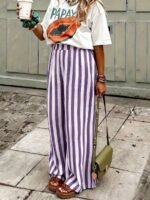 Elorivane Women Blue & White Striped Woven Wide Leg Beach Pants, Casual Spring Summer Trousers - Image 44