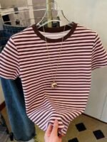 Elorivane Women's Pink-Brown Striped Y2K Tee, Casual Summer