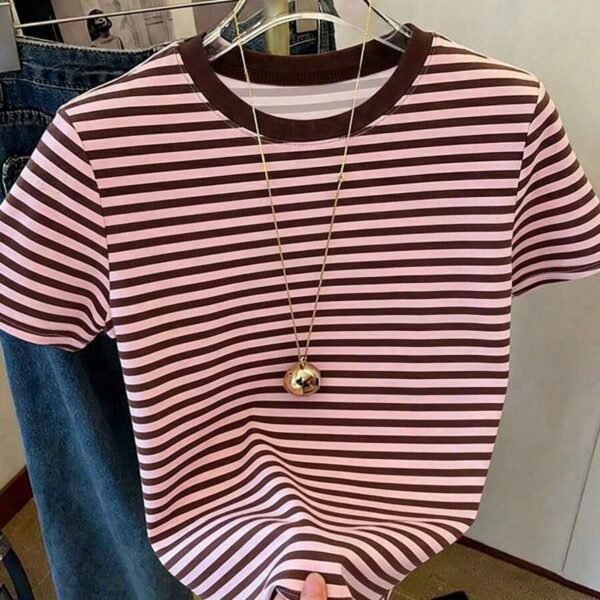 Elorivane Women's Pink-Brown Striped Y2K Tee, Casual Summer