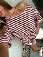 Elorivane Women's White Striped Open Shoulder Tee, Plus Size Y2K Street Style Summer - Image 9