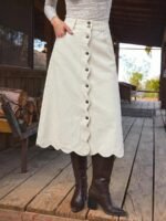Elorivane Women Dark Blue Denim A Line Midi Skirt, High Waist Scalloped Button Front Western Cowgirl Fall Winter Country Skirt - Image 22