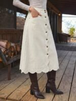 Elorivane Women Dark Blue Denim A Line Midi Skirt, High Waist Scalloped Button Front Western Cowgirl Fall Winter Country Skirt - Image 24