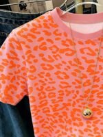 Elorivane Women's Neon Orange Leopard Tee, Round Neck Short Sleeve Simple Casual Summer T-Shirt - Image 4
